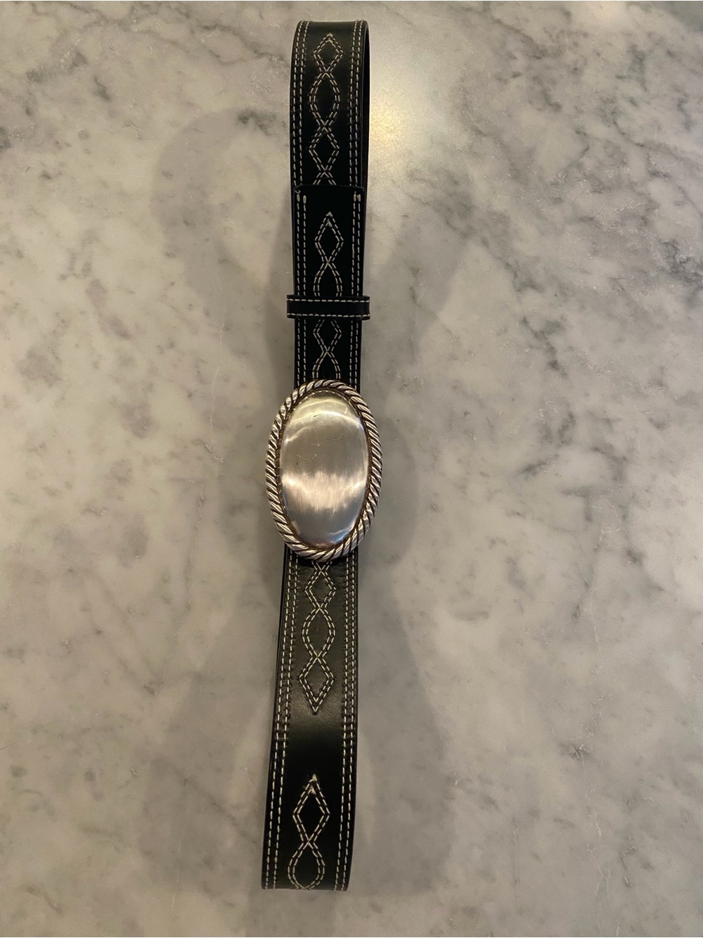 Calvin Klein Black Leather Belt with Silver Oval Buckle